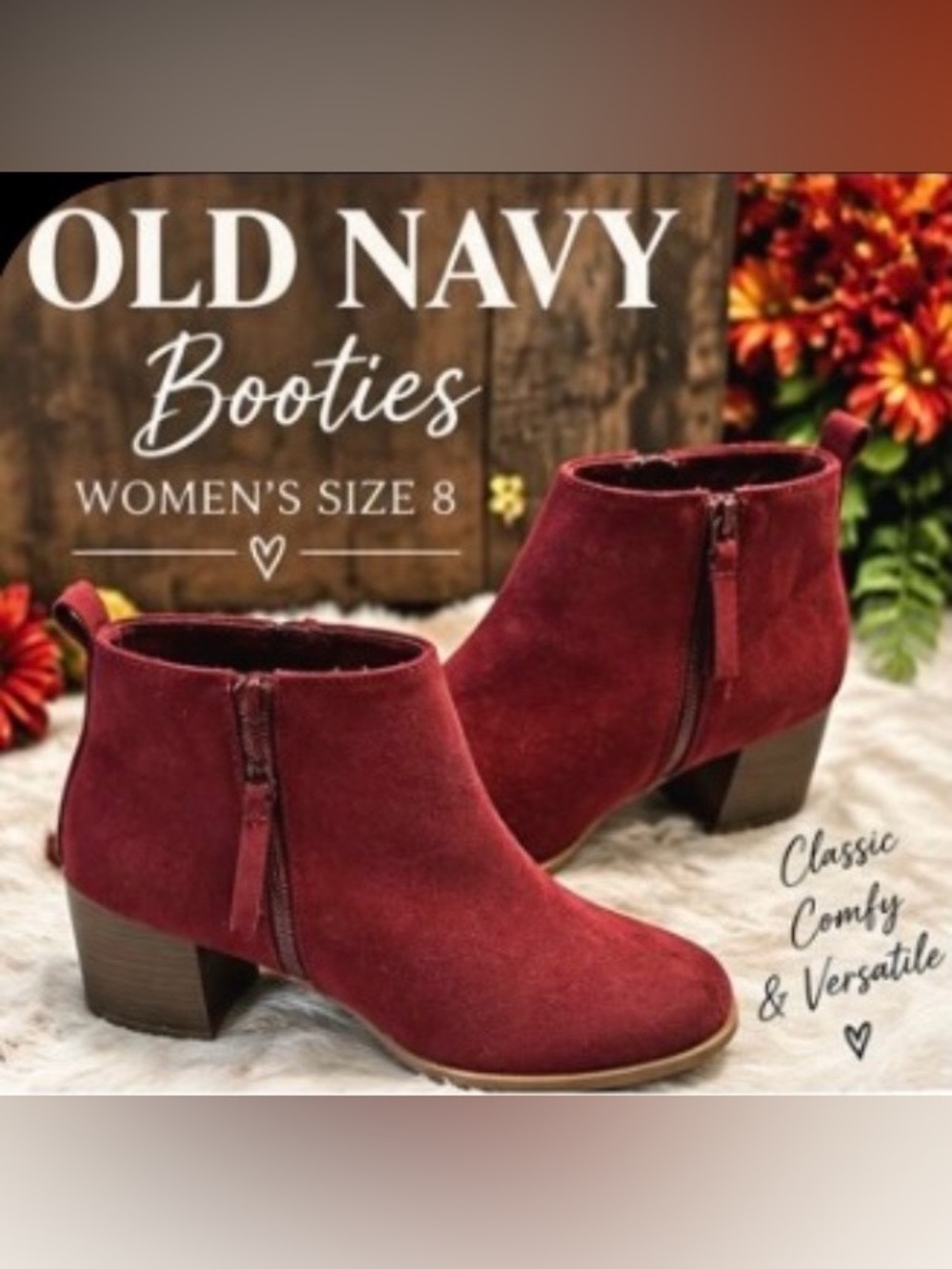 Old Navy Burgundy Cranberry Ankle Booties Size 8 Side Zip Block Heel